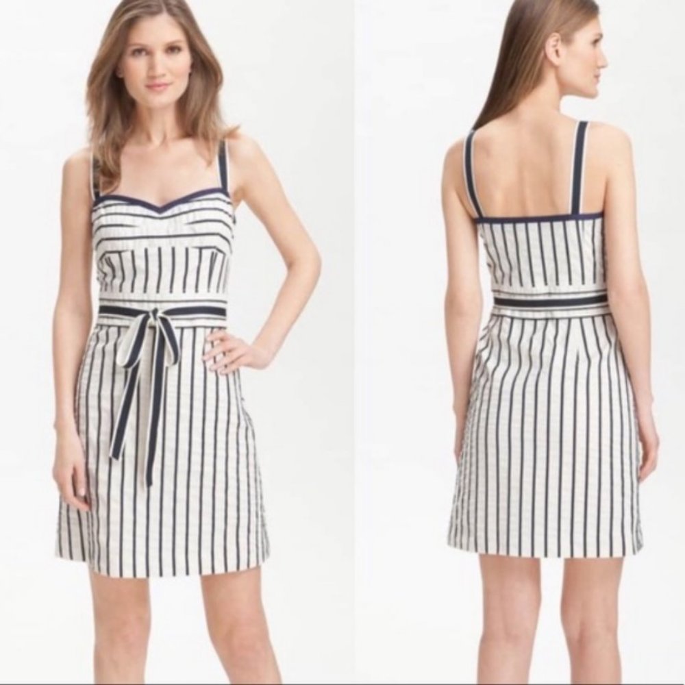 Tory Burch Kinsley Nautical Striped Mini Dress with Fabric Belt, Navy / Cream, 2